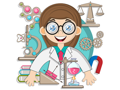 Cute girl in the lab. accessories character chemical chemistry equipment female girl glassware happy kid lab laboratory lady loupe magnifier person physics science woman young