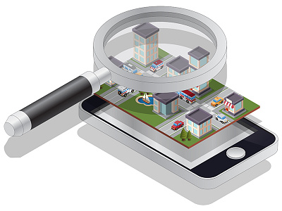 City in a mobile phone. app application building city crossroad device digital find gadget home house isometric locality loupe magnifying glass mobile phone plan search town