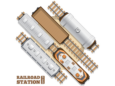 Railway station on a white background. carriages carrier cistern delivery freight itinerary locomotive platform railroad rails railway road station track train wagon