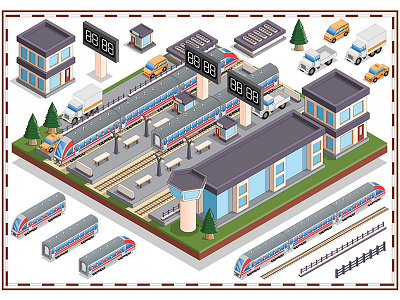 Railway Station. building element infrastructure isometric locomotive miniature parking passenger path peron plan platform rail railroad railway station train transport truck wagon