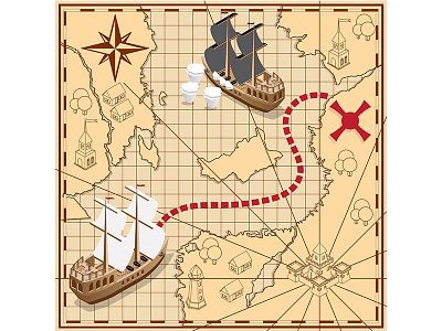 Pirate map with the route to the treasures. battleship cartography castle citadel floating galleon island map navigation old outline pirate plan route sailboat ship stronghold tower treasure warship