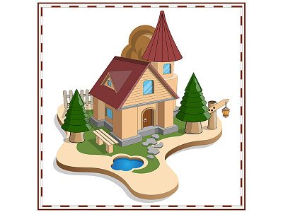 Landscape. building courtyard facade fence home house infrastructure isometric landscape lawn manor old outdoors place retro rocks scene tower tree yard