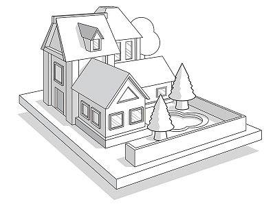 Building. building contour courtyard drawing estate exterior fence home house illustration lake lawn outdoors outline perspective place pond shadow sketch tower