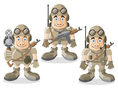 Set of cute soldiers. army automatic camouflage cartoon character combat defend force grenade guard human men military protect security serviceman soldier uniform warrior weapons