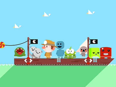 Mondo Pixel's header birds boat characters flat grass illustration mondo mondopixel pacman pixel sea videogames