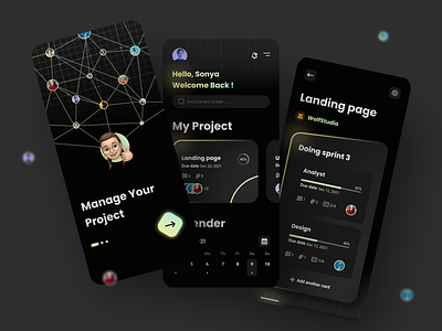 Project Management - Mobile App 3d app dark mode dark theme design figma glow illustration kanban mobile app neon project management project manager task management task manager trend ui uiuxcenter