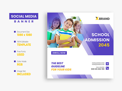 School Education Social Media Post Template admission ads back to school banner children class college creative education facebook post instagram post kids