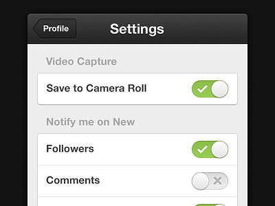 Video Settings cinematic ios iphone page settings slider switch switcher toggle