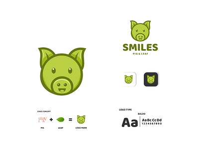 pig green leaf and smile animal app branding design icon illustration leaf logo pig smile typography ui ux vector