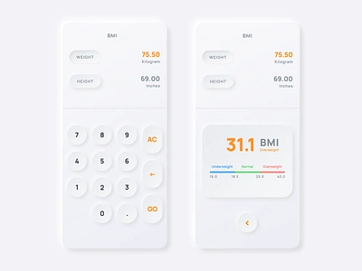 Neumorphic BMI Calculator app app design daily ui daily ui 004 dailyui dailyuichallenge design figma figmadesign minimal minimalist neumorphic neumorphic calculator neumorphic design neumorphism calculator typography ui ui design ux