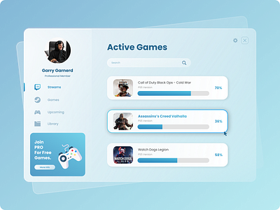 Glass UI - Game Dashboard creative direction dashboard design glassui glassuidesign product productdesign ui uidesign uiux visual identity webdesign