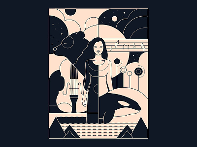 When a customer is your wife, it's like... bear black and white bw character design flat girl illustration mountains music night orca sea sky vector violin woman