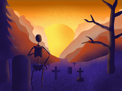 Melancholic Skeleton graveyard halloween illustration landscape mountains skeleton sunset wallpaper
