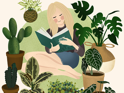 Girl in her urban jungle alocasia botanical art cactus cactus illustration digital drawing digital illustration drawing ficus tineke girl with plants houseplants illustration ipad air opuntia plant illustration plant love procreate procreate art urbanjungle