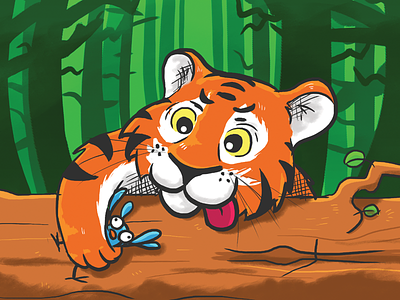 Tiger animal bird cartoon handdrawn illustration jungle prey tiger