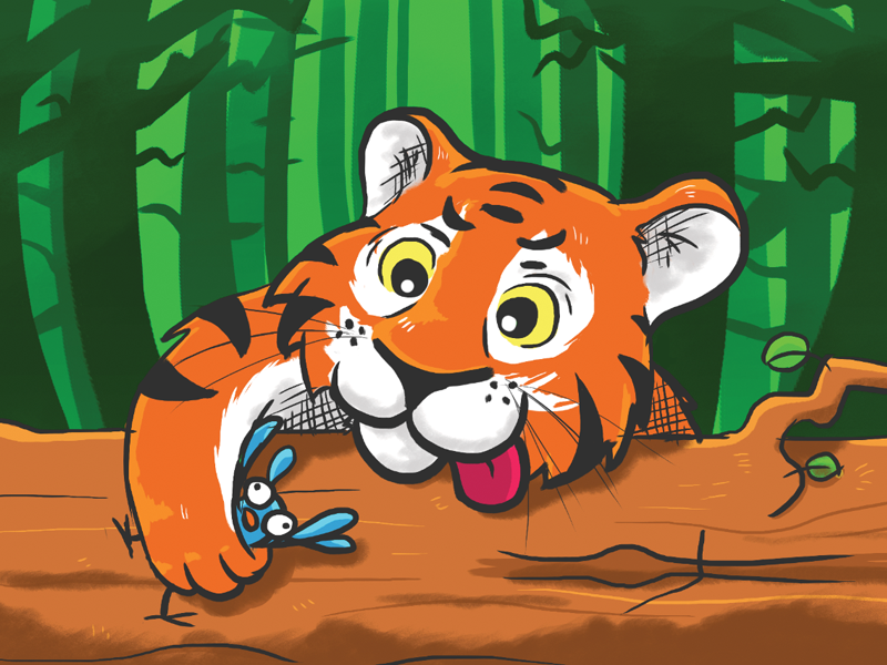 Tiger handdrawn illustration cartoon jungle prey bird animal tiger