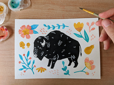 Shaggy bison florals art illustration nature painting screen print screenprint screenprinting