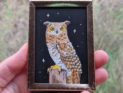 Tiny great horned owl painting art drawing hand drawn illustration nature