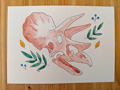 Triceratops skull dinosaur ink watercolor