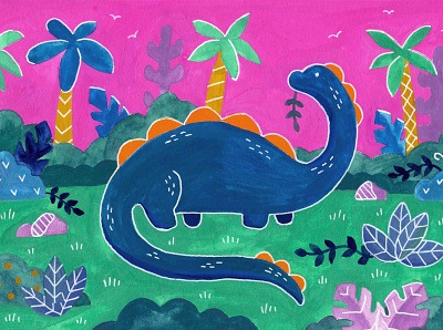 Pink sky bronto art dinosaur gouache painting