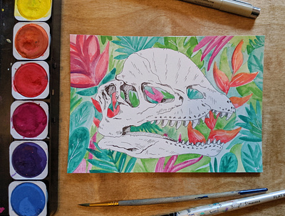 Tropical Dilophosaurus Skull dinosaur drawing hand drawn ink art painting pen watercolor