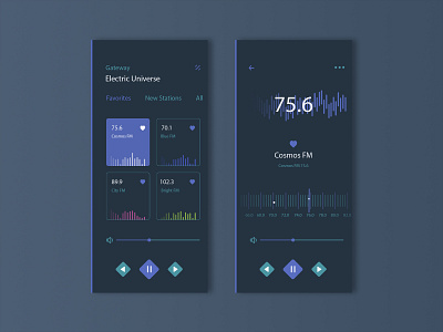 Radio App UI/UX app black branding dark gradient icon illustration listen mobile music platform player preview product project radio song ui ux vector