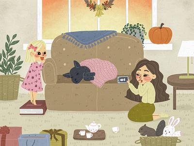 Sleeping dog autumn dog drawing fall illustration livingroom