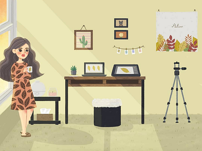 Home office autumn desk drawing fall home illustration office room