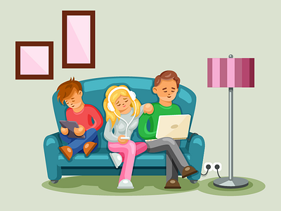 Family Idyll boy devices girl illustration illustrator lamp man sofa vector