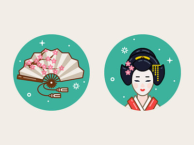 Geisha contour fan flat geisha icon illustrator japan vector