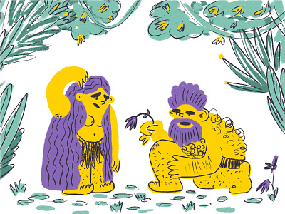 Adam and Eve illustration adam character design children illustration comic commercial illustration design digital event flower illustration jungle man prehistoric purple woman yelow