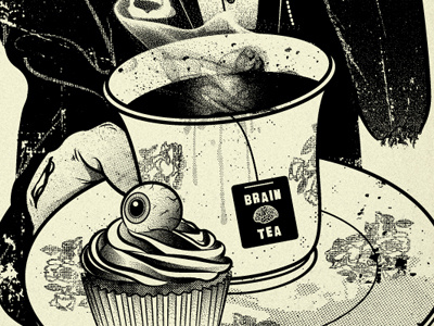 Tea Time brain cupcake gentleman horror illustration t shirt tea zombie