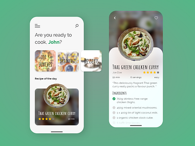 Cooking Recipe App adobe xd app design app ui chef cooking cuisine food food app foodie green mobile mobile ui mockup recipe restaurant ux