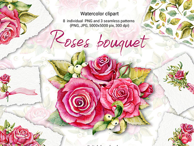 Bouquet with roses and mistletoe. Watercolor. design illustration roses акварель букет красный омела открытка свадьба цветы ягоды