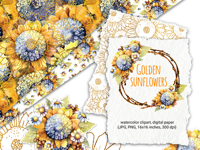 Golden sunflowers. Watercolor, graphics, digital paper design illustration акварель букет венок графика золото подсолнухи рисунок ромашка флора цветы цифровая бумага