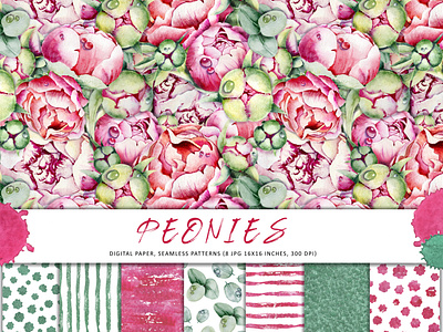 Seamless pattern with peonies and eucalyptus. Watercolor design акварель акварельная иллюстрация бесшовный узор букет бумага бутоны набор открытка пионы роса цветы цифровая бумага эвкалипт