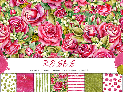 Seamless pattern with roses, mistletoe berries. Watercolor