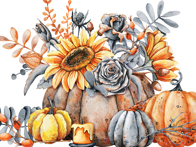 Autumn watercolor autumn design illustration painting pumpkin акварель букет клипарт рисунок цветы