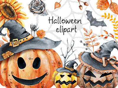 Happy Halloween autumn halloween illustration painting pumpkin sunflower watercolor