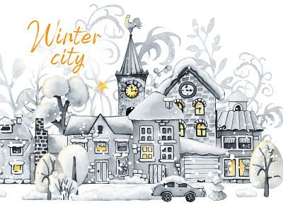 Winter city, watercolor christmas clipart, landscape scene