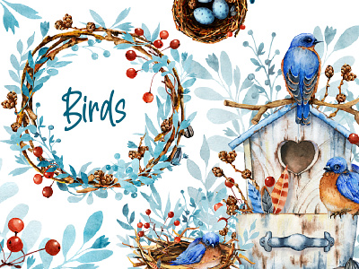 Watercolor blue birds, winter design bird design hand drawn illustration leaves spring winter wreath акварель букет клипарт цветы