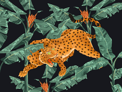 Midnight jungle art digital illustration digital painting illustration jaguar pattern tropical