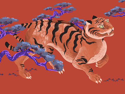 Red background art digital illustration digital painting illustration tiger