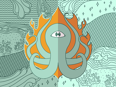 Cycloptopus adobe illustrator alien animal cephalopod cyclops digital art eye fire illustration linework ocean octopus orange sea space teal