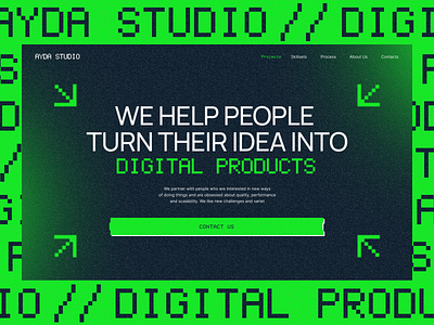 Landing for IT studio/Main page brutalism cyberpunk cyberpunk style design green it it studio landing main page pixel font pixels ui uiux web design webdesign