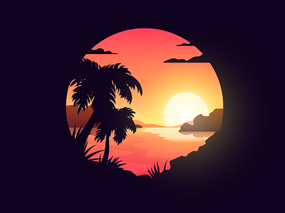 Sunset illustration palms sea summer sunset vacation vector