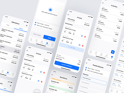 Serwiz - Home Services App app attendance create new dribbble expense expenses history home page inventory invoice invoices invoicing menu payment payment form payment method payments quotation service app ui