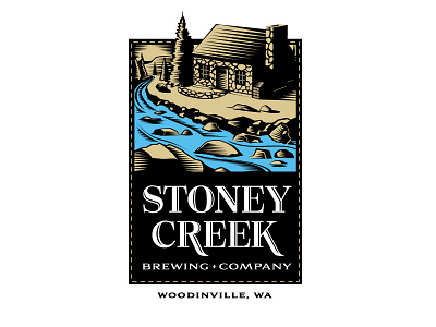 Stoney Creek Brewery Logo beer branding brewery cabin illustration logo stream woodcut woods