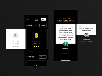 Junipurr — Mobile Cards art direction branding dark design ecommerce gold grid interface jewelry junipurr landing logo product page ui ux web design website