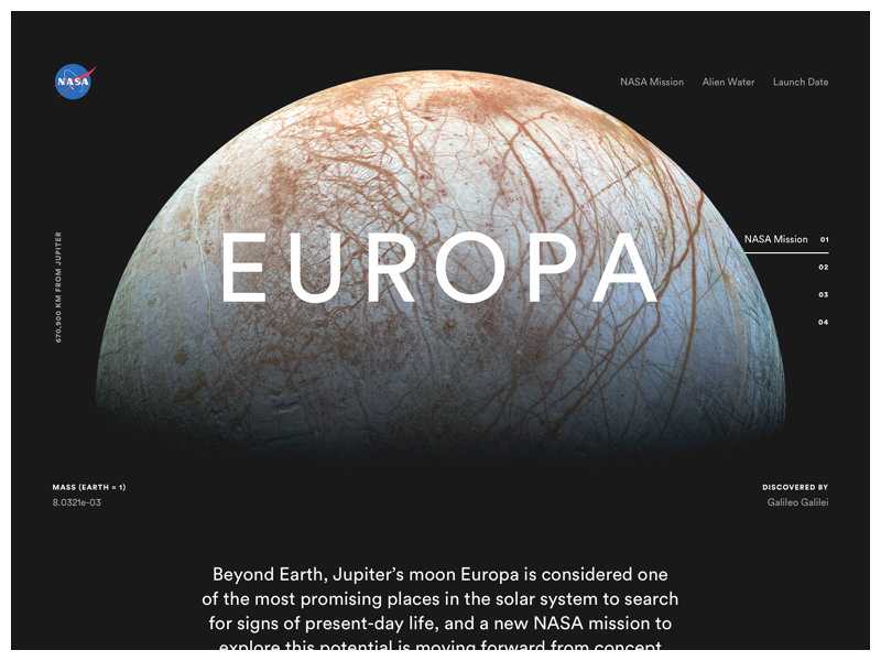 Europa Teaser web design type circular site space landing ui web jupiter moon simple grid